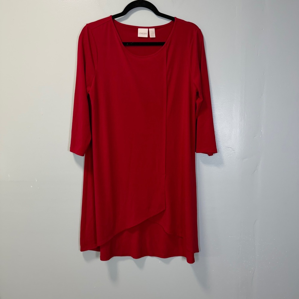 Chico's Red Asymmetric Overlay Tunic Top 3/4 Sleeve Slinky Size Medium Lagenlook
